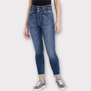 KANCAN High Rise Mom Fit Jeans Paper Bag Waist Size 28 Stretch Denim Blue NWT